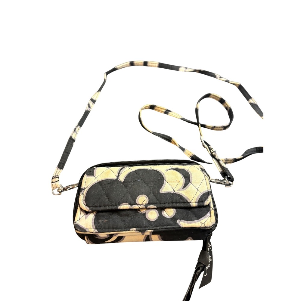 Vera Bradley Crossbody Wallet Bag Black Cream Floral Quilted Cotton Wristlet